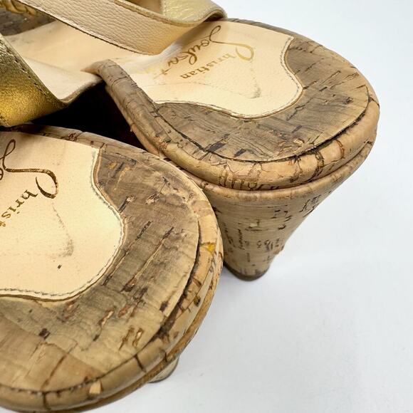 CHRISTIAN LOUBOUTIN Red Bottoms Gold Slingback Peep Toe Cork Platform Wedges - Picture 8 of 11